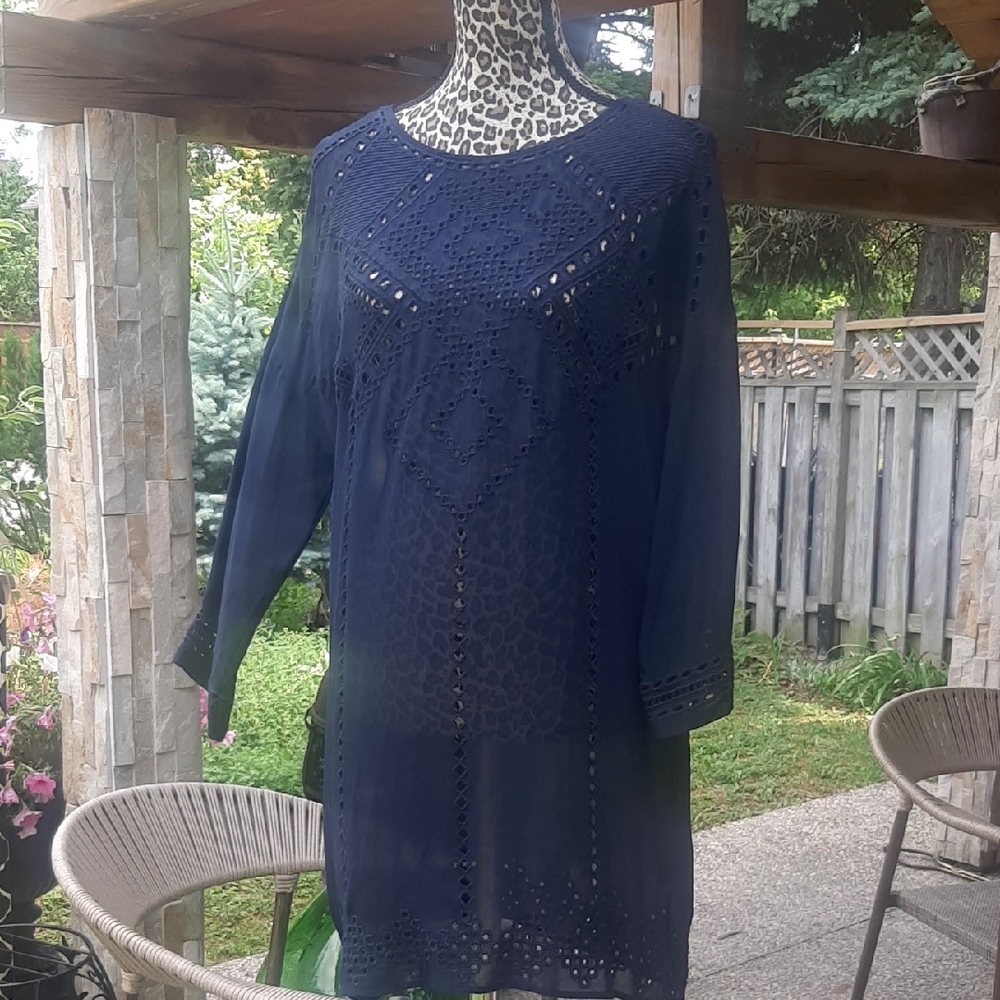 100% Silk Navy Sheer Quarter Sleeve Sleeve Dress